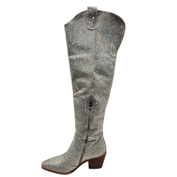 Rhinestone Embellished Silver Western Style Knee-High Boots Block Heel Size 6 - Picture 10 of 12